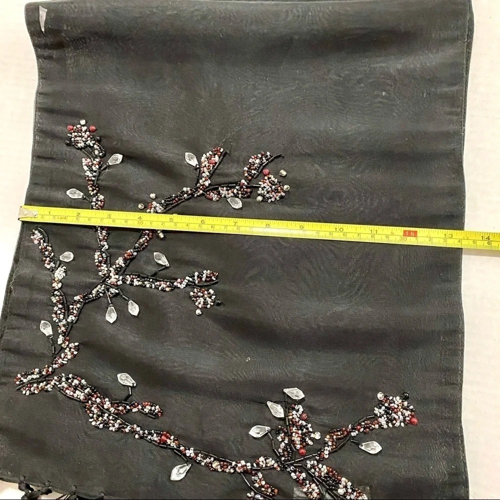 Black Embellished Table Runner OS Beaded Fringes Boho Goth Whimsy Sheer